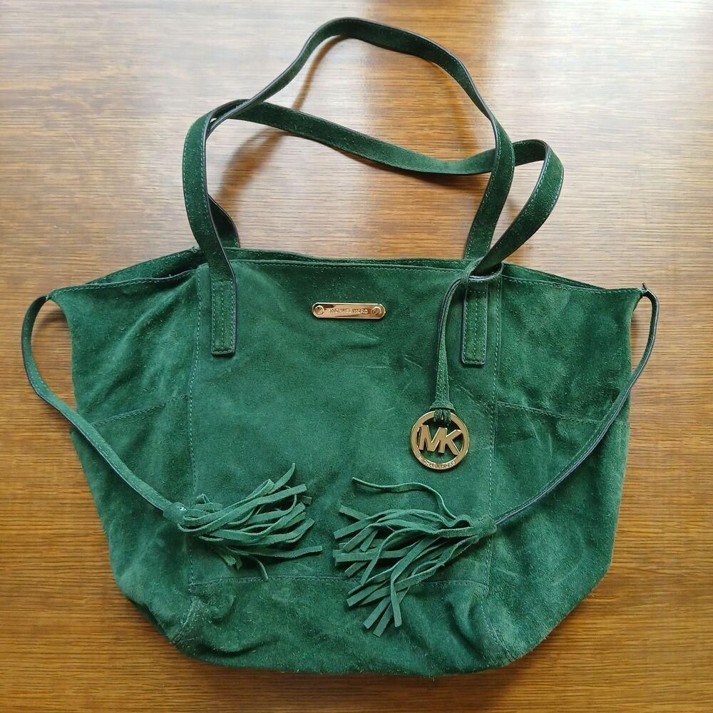 Michael Kors Ashbury Emerald Green Suede Large Tote Gold Tassel Shoulder Bag